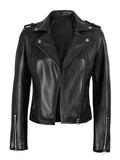 Women’s black asymmetrical biker leather jacket front open view