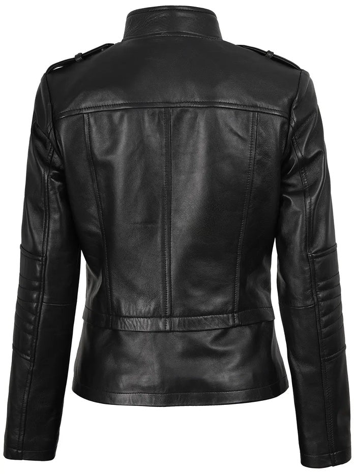 Women’s black asymmetrical leather jacket front view – Monica design