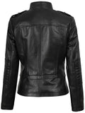 Back view of women’s black asymmetrical leather jacket – Livra Jackets