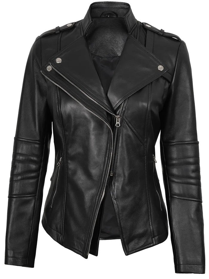 Women’s black asymmetrical leather jacket front view – Monica design