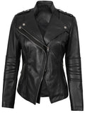 Women’s black asymmetrical leather jacket front view – Monica design