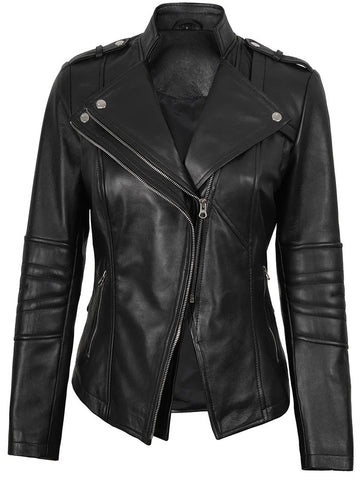 Women’s black asymmetrical leather jacket front view – Monica design