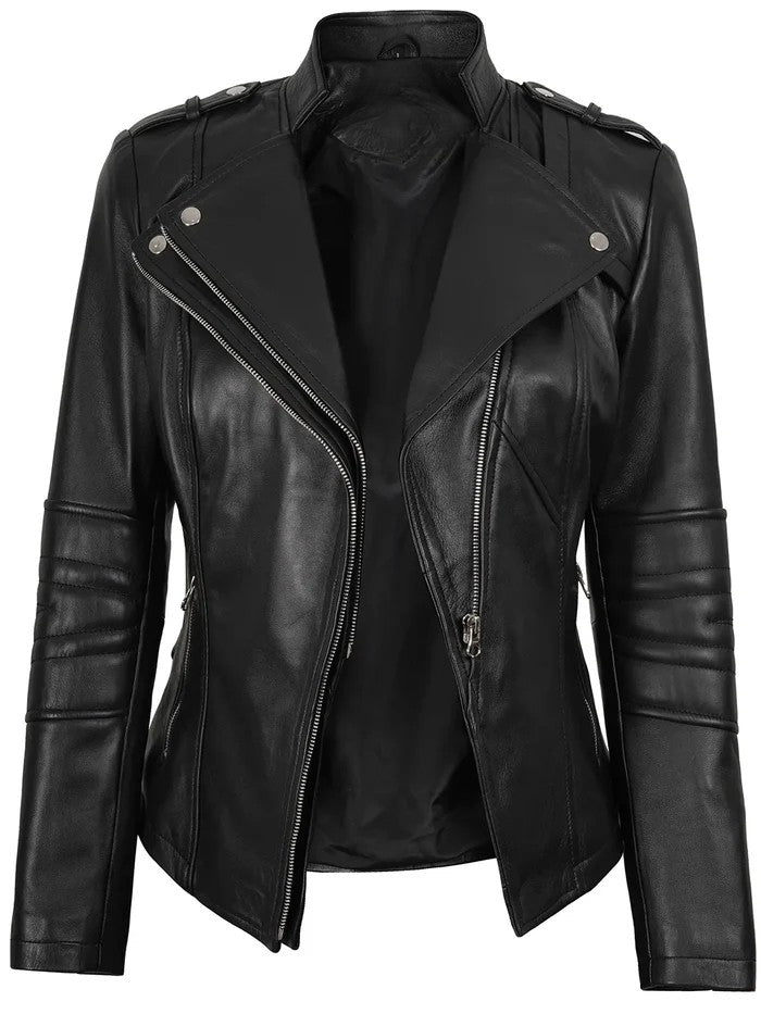 Women’s Monica black biker leather jacket open front