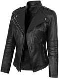 Monica women’s black leather jacket angled front – slim fit biker style