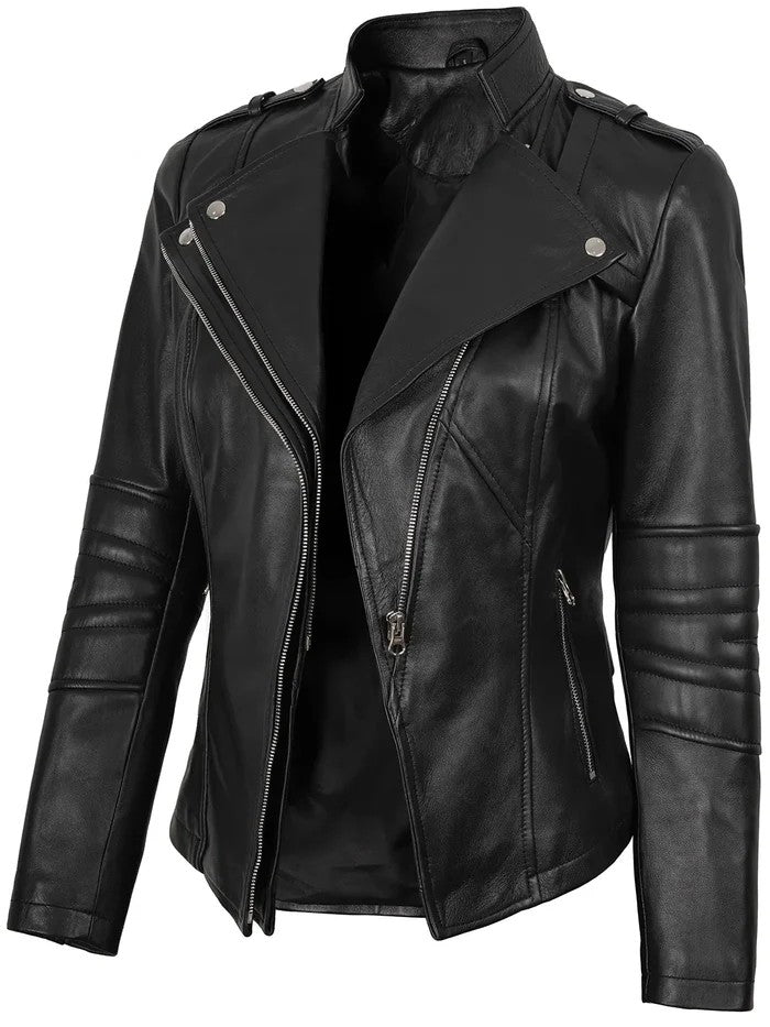Monica women’s black leather jacket angled front – slim fit biker style