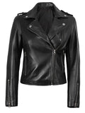 Women’s black asymmetrical leather motorcycle jacket front view – Livra Jackets'