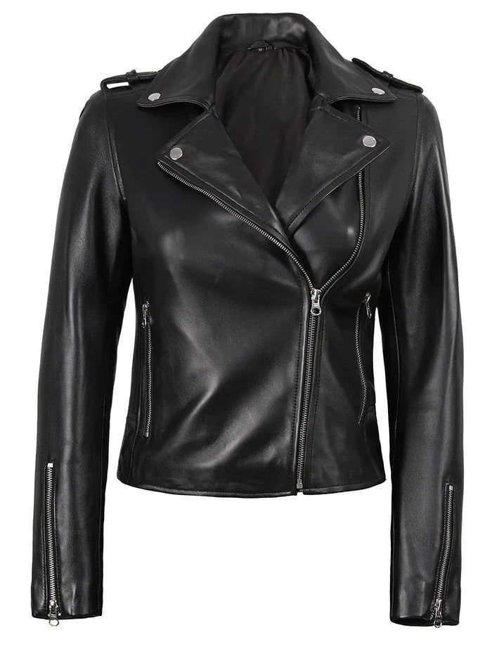 Women’s black asymmetrical leather motorcycle jacket front view – Livra Jackets'