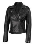 Women’s black asymmetrical leather motorcycle jacket front view – Livra Jackets
