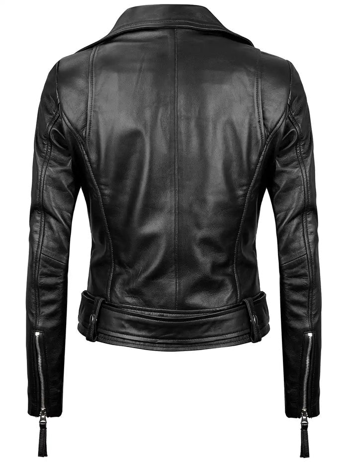 Women’s Black Biker Leather Jacket Front View