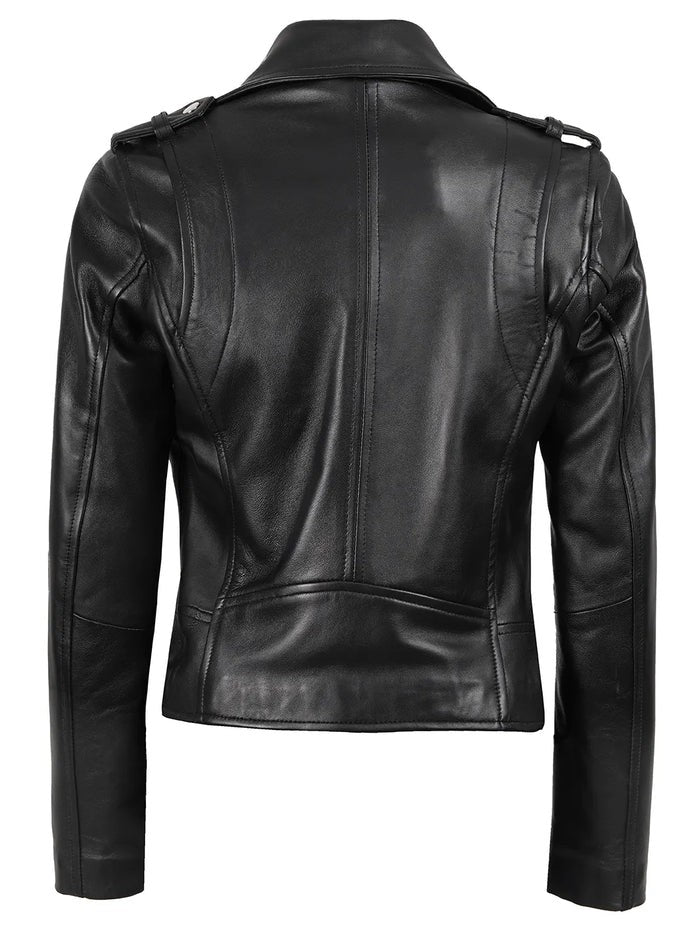 Women’s black asymmetrical biker leather jacket front open view