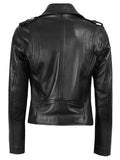 Women’s black leather motorcycle jacket back view – slim fit