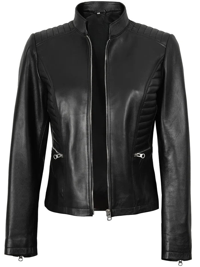Women’s black biker leather jacket front view