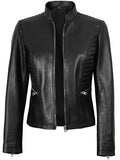 Women’s black biker leather jacket front view