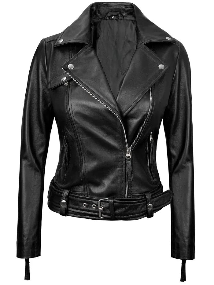 Women’s Black Biker Leather Jacket Front View