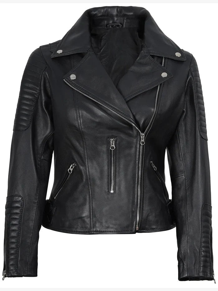 Women’s Black Biker Leather Jacket – Quilted Shoulder Style – Genuine Leather Jacket | Livra Jackets
