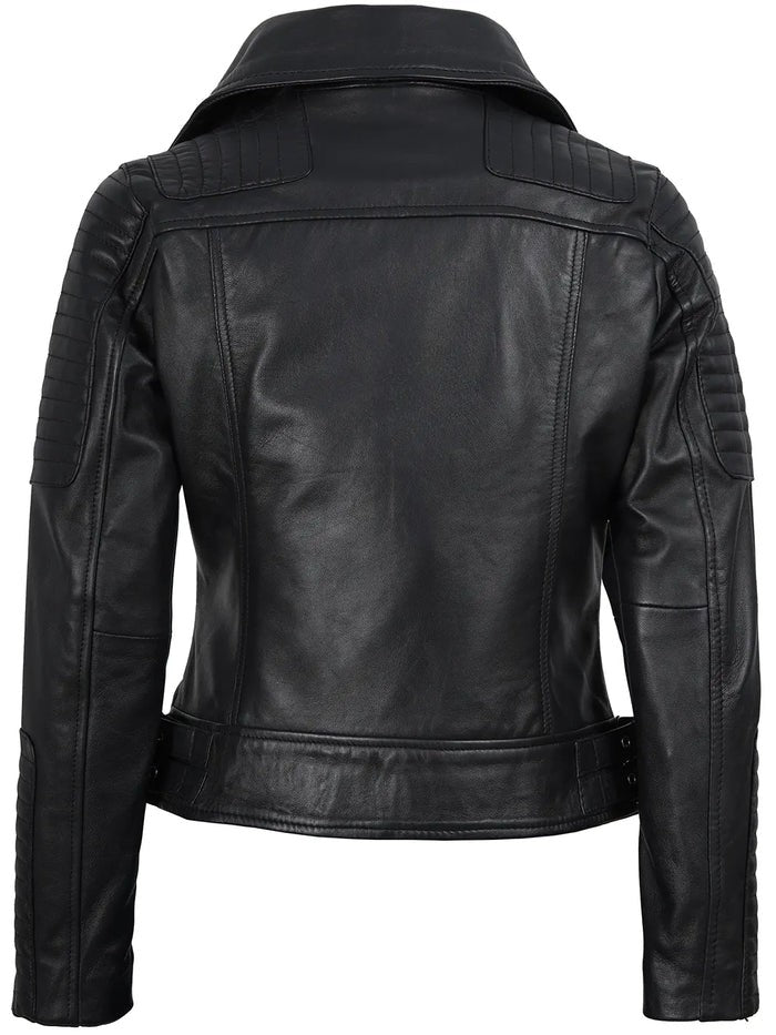 Women’s Black Biker Leather Jacket – Quilted Shoulder Style – Genuine Leather Jacket | Livra Jackets