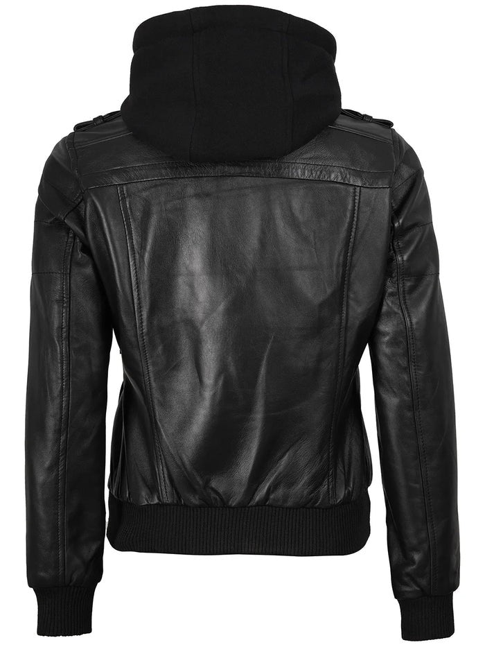 Back View of Women’s Black Bomber Leather Jacket with Hood