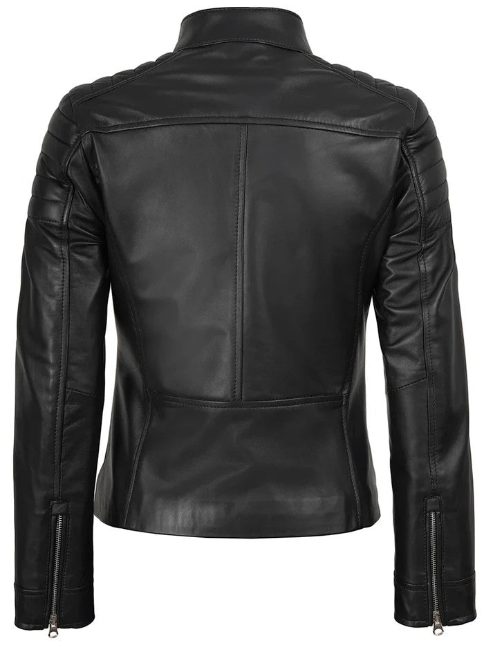 Women’s Black Café Racer Leather Jacket Front View