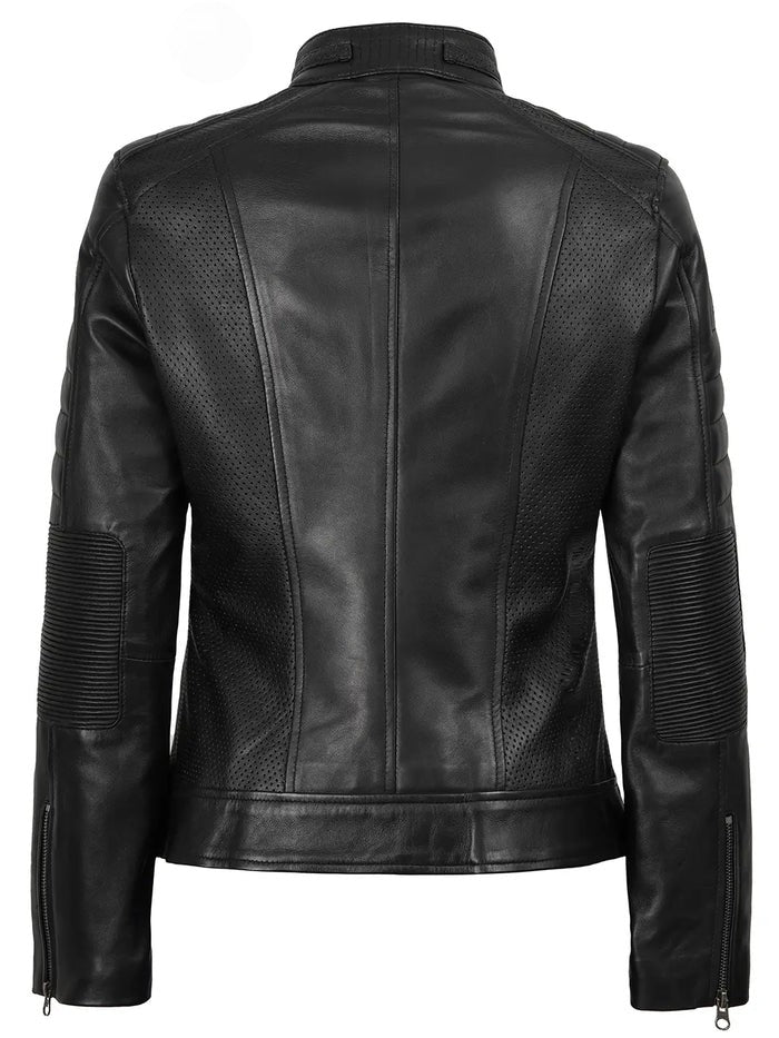 Women’s Black Café Racer Leather Jacket Front View