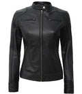 Women’s Black Café Racer Leather Jacket Front Zipped
