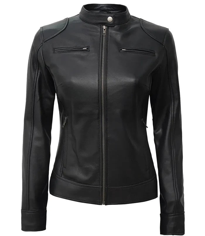 Women’s Black Café Racer Leather Jacket Front Zipped