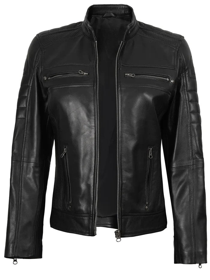 Women’s Black Café Racer Leather Jacket Front View