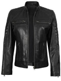 Women’s Black Café Racer Leather Jacket Front View