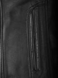 Close-up of pocket on black café racer leather jacket