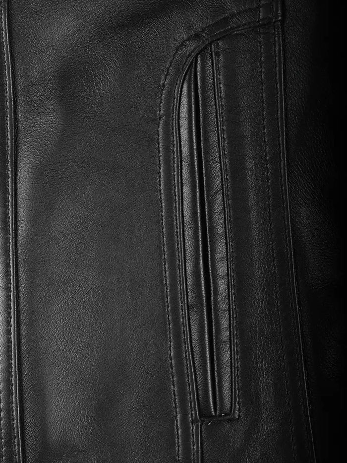 Close-up of pocket on black café racer leather jacket