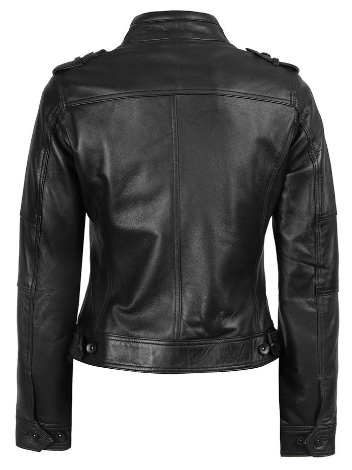 Women’s black café racer leather jacket front view
