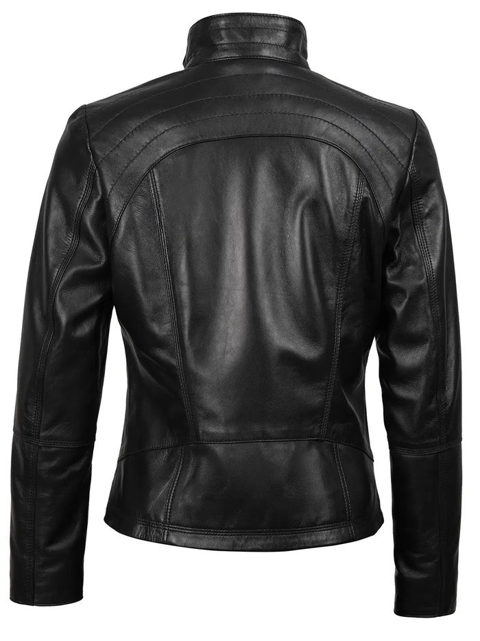 Women’s Black Café Racer Leather Jacket Front View