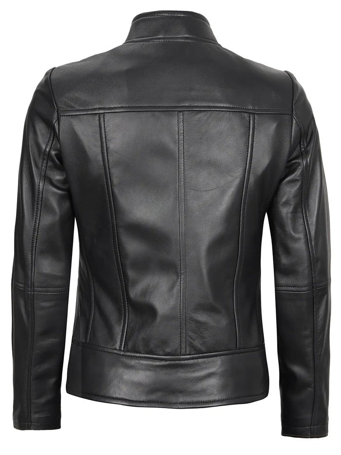 Women’s Black Café Racer Leather Jacket Open Front