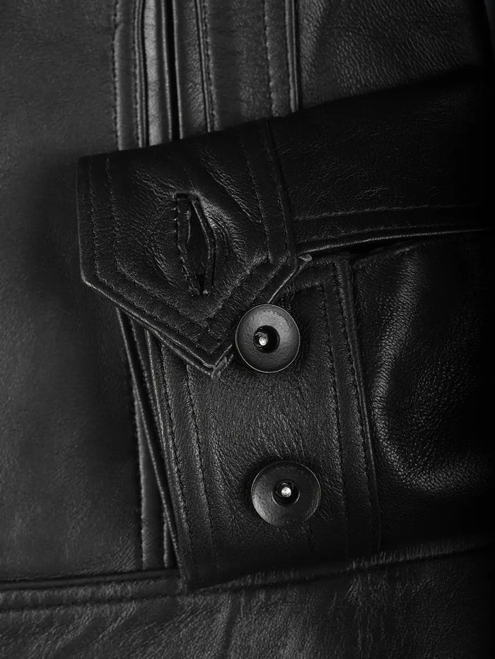 Buttoned cuff detail on women’s black leather moto jacket