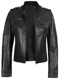 Women’s black café racer leather jacket front view