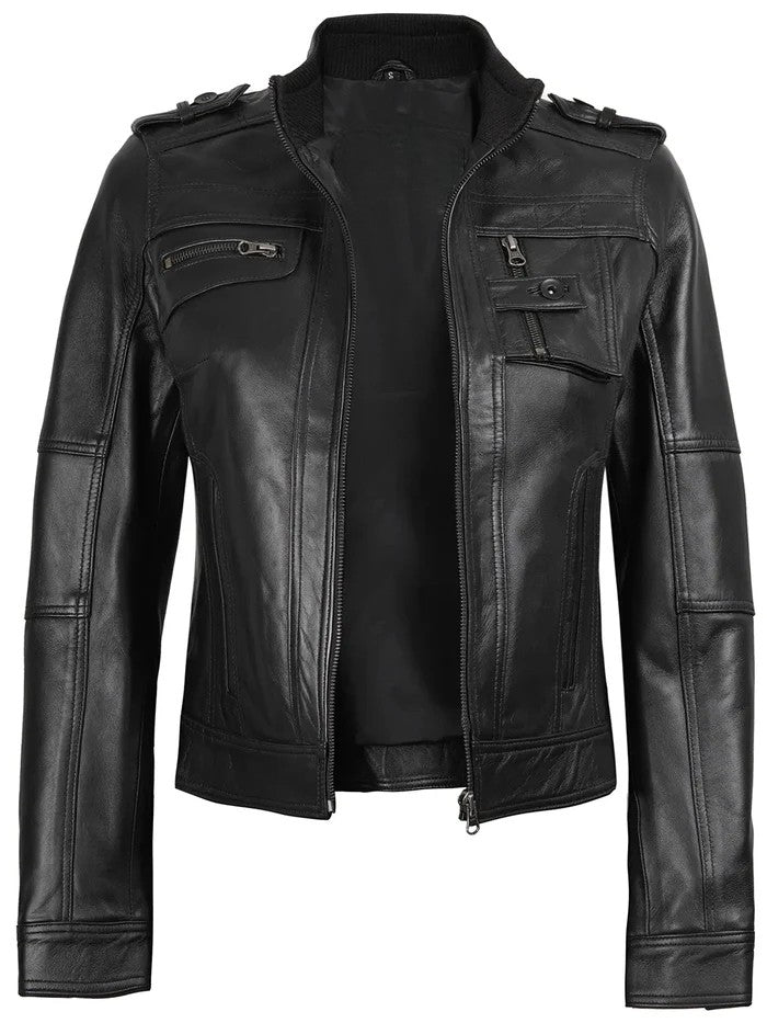 Women’s black café racer leather jacket front view