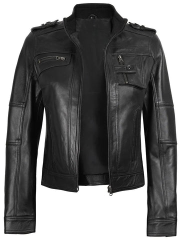Women’s black café racer leather jacket front view