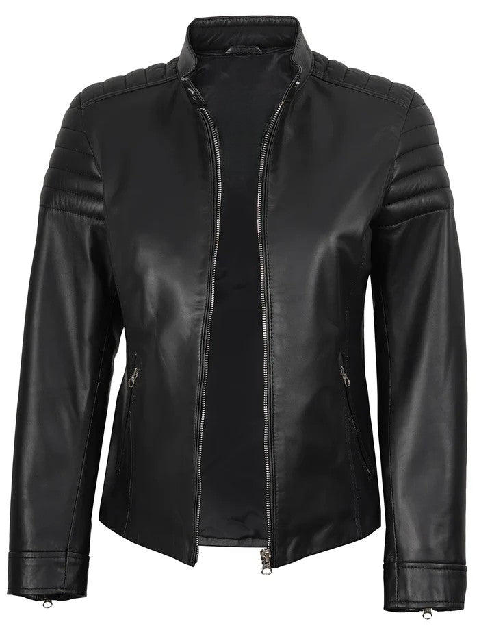 Women’s Black Café Racer Leather Jacket Front View