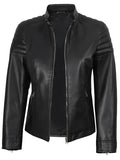 Women’s Black Café Racer Leather Jacket Front View