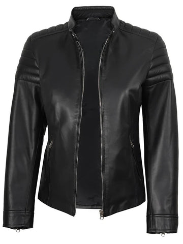 Women’s Black Café Racer Leather Jacket Front View