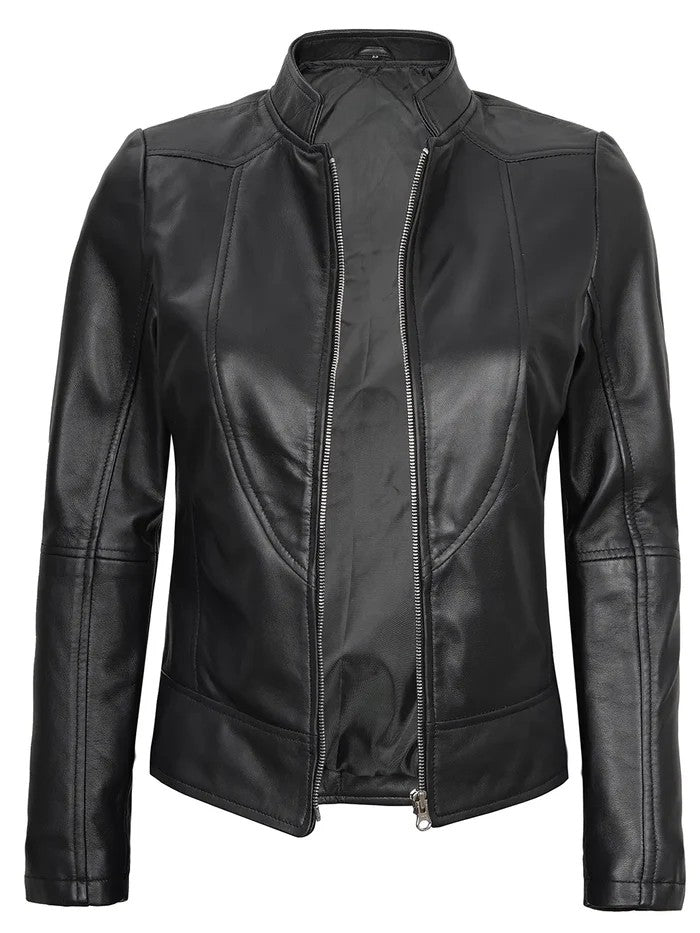 Women’s Black Café Racer Leather Jacket Open Front
