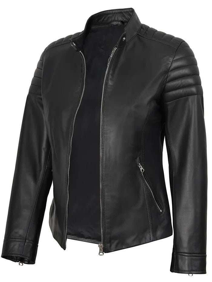 Women’s Black Café Racer Leather Jacket – Quilted Shoulder Real Leather | Livra Jackets – Genuine Leather Jacket | Livra Jackets