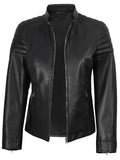 Women’s Black Café Racer Leather Jacket – Quilted Shoulder Real Leather | Livra Jackets – Genuine Leather Jacket | Livra Jackets