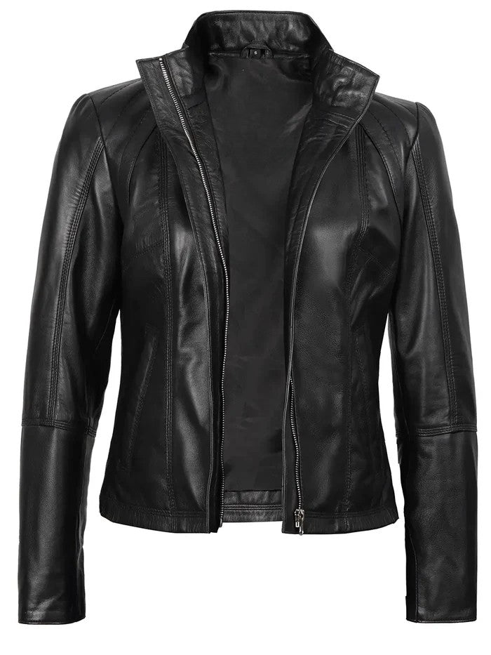 Women’s Black Café Racer Leather Jacket Front View