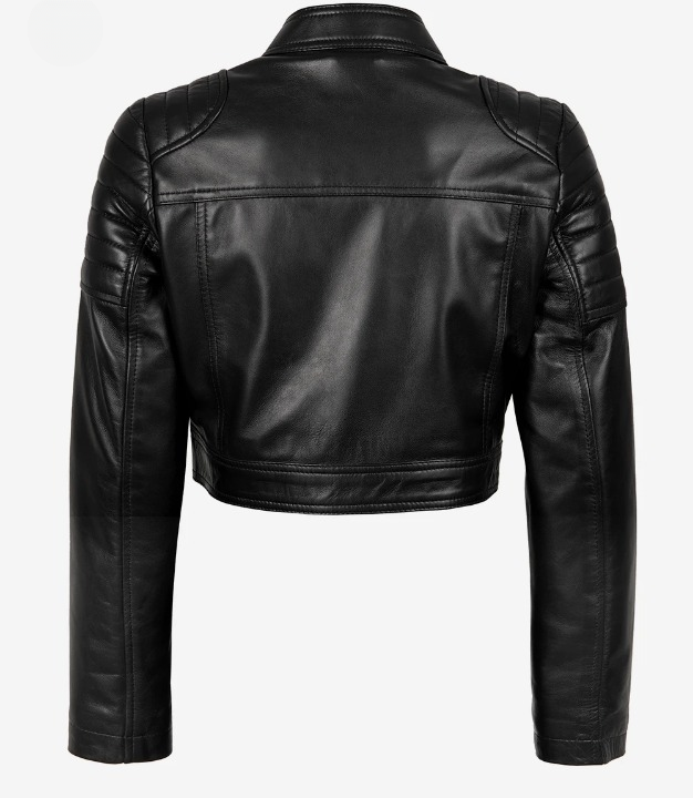 Open-front view of women’s cropped black leather biker jacket
