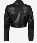 Back view of women’s black cropped leather moto jacket