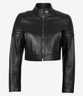 Front view of women’s black cropped leather jacket with quilted shoulders