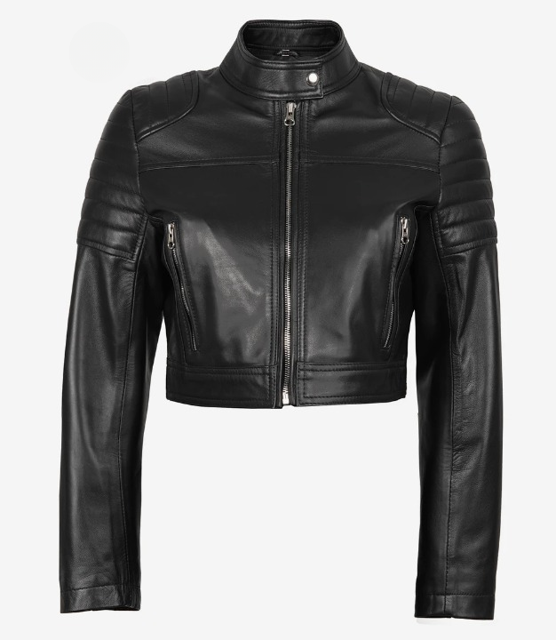 Front view of women’s black cropped leather jacket with quilted shoulders