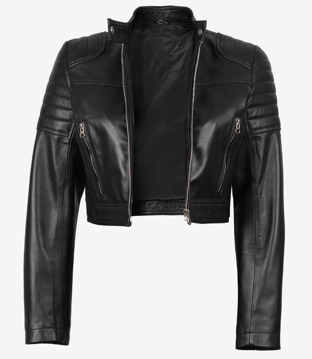 Open-front view of women’s cropped black leather biker jacket