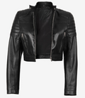 Open-front view of women’s cropped black leather biker jacket