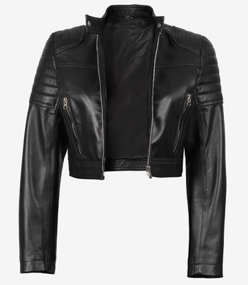 Open-front view of women’s cropped black leather biker jacket